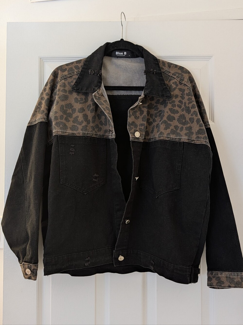Oversized Blue B Leopard Yoke Black Denim Jacket